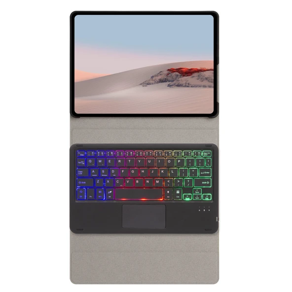 SFGO AS Ağaç Dokulu Arkadan Aydınlatmalı Bluetooth Klavyeli Deri Kılıf Touchpadli Microsoft Surface Go 4 3 2 1 Siyah - 3