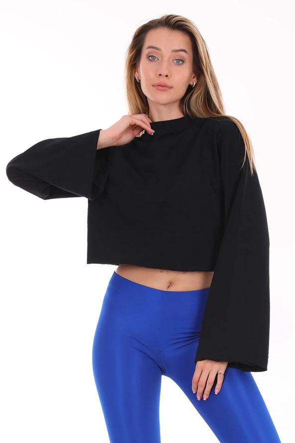 Kadın Siyah Pamuklu Yarasa Kol Crop Sweatshirt - 2