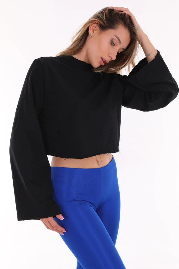Kadın Siyah Pamuklu Yarasa Kol Crop Sweatshirt - 3