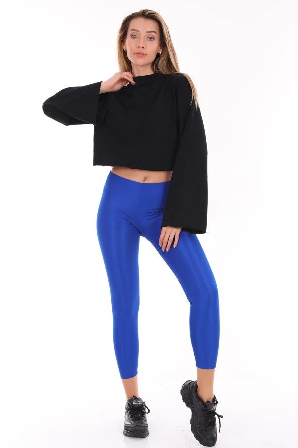 Kadın Siyah Pamuklu Yarasa Kol Crop Sweatshirt - 5