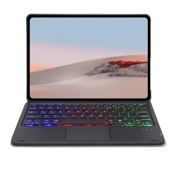 SFGO AS Ağaç Dokulu Arkadan Aydınlatmalı Bluetooth Klavyeli Deri Kılıf Touchpadli Microsoft Surface Go 4 3 2 1 Siyah - 4