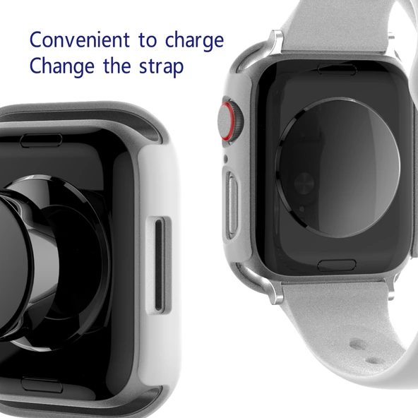 Apple Watch Serisi 9 8 7 Uyumlu 45mm Beyaz PC Çerçeve ve Temperli Cam Koruyucu Kılıf - 5