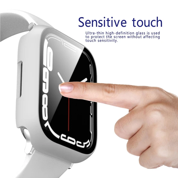 Apple Watch Serisi 9 8 7 Uyumlu 45mm Beyaz PC Çerçeve ve Temperli Cam Koruyucu Kılıf - 4
