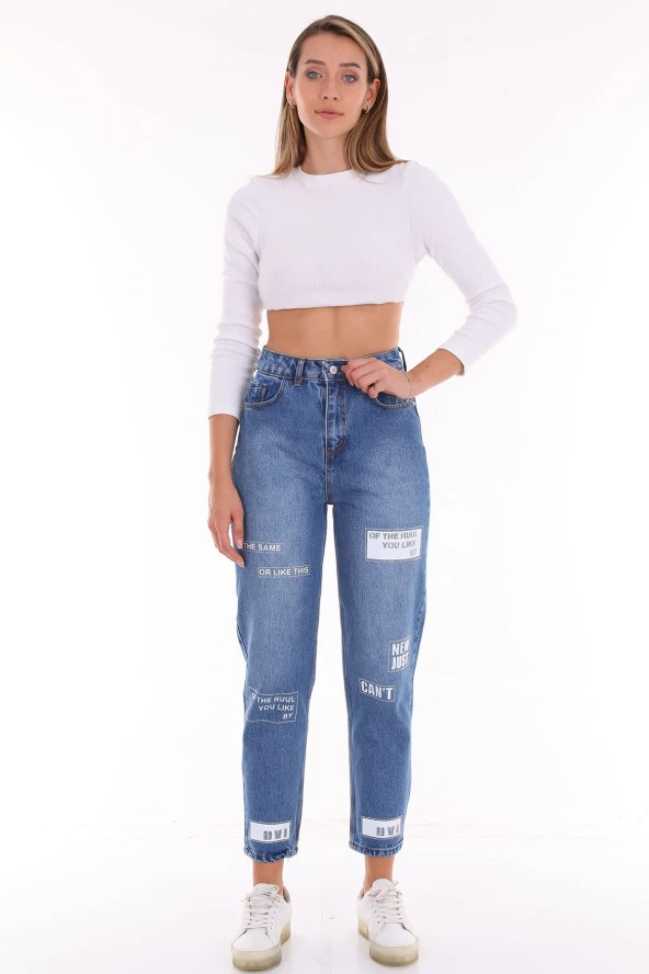 Kadın Yüksek Bel Baskılı Parlak Taşlı Mom Jeans Kot Pantolon