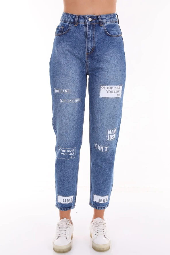 Kadın Yüksek Bel Baskılı Parlak Taşlı Mom Jeans Kot Pantolon - 3