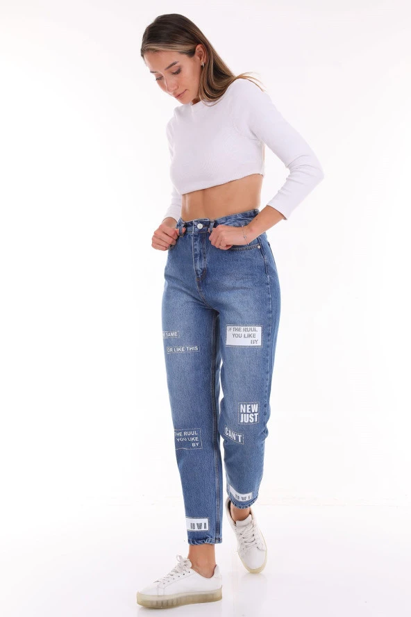 Kadın Yüksek Bel Baskılı Parlak Taşlı Mom Jeans Kot Pantolon - 4