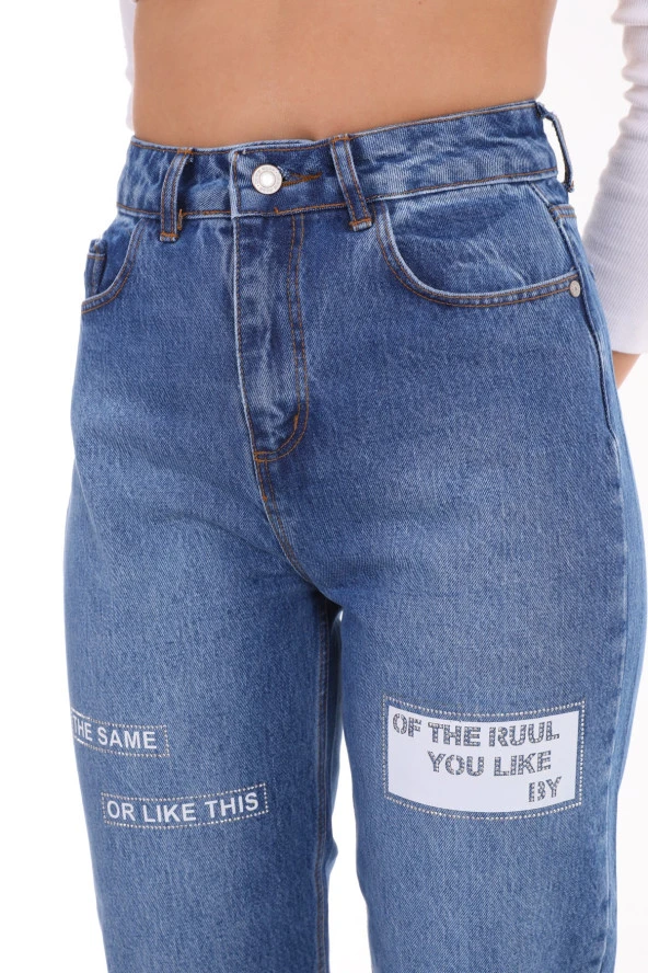 Kadın Yüksek Bel Baskılı Parlak Taşlı Mom Jeans Kot Pantolon - 5