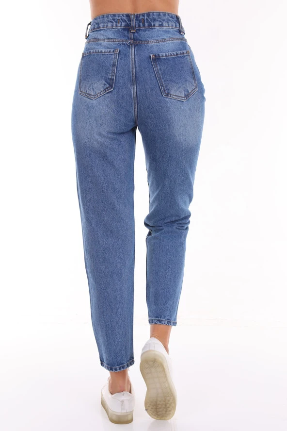 Kadın Yüksek Bel Baskılı Parlak Taşlı Mom Jeans Kot Pantolon - 6