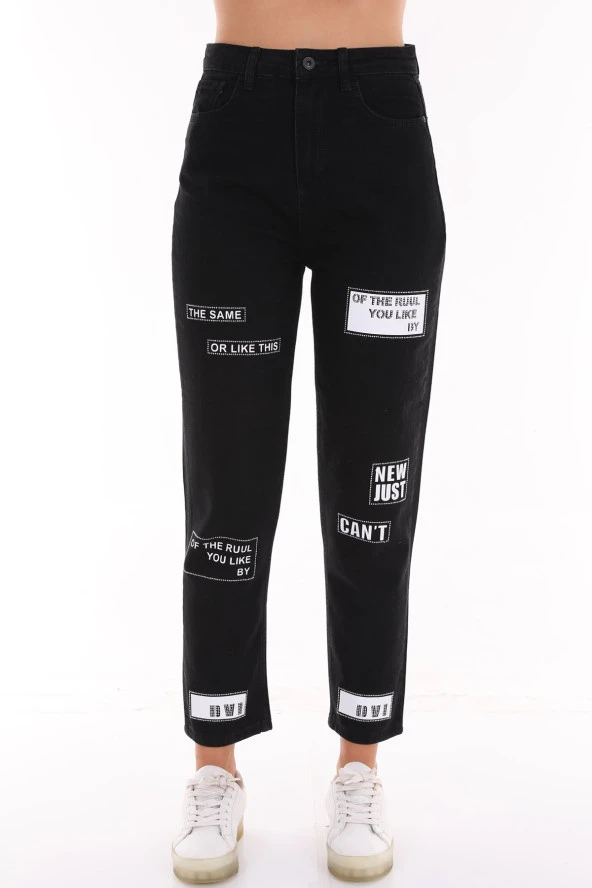 Kadın Yüksek Bel Baskılı Parlak Taşlı Mom Jeans Kot Pantolon - 7