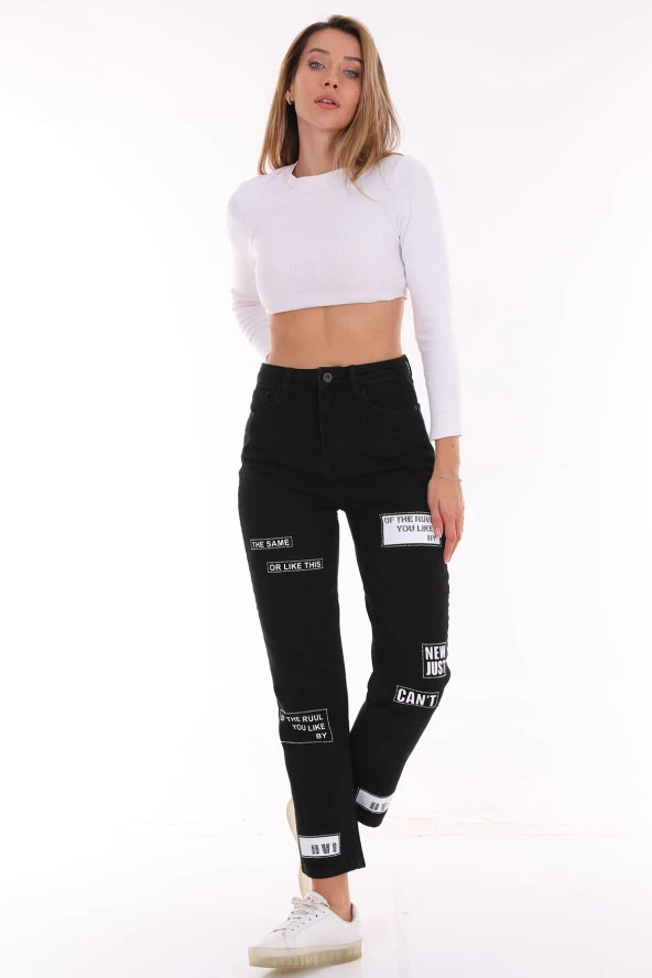 Kadın Yüksek Bel Baskılı Parlak Taşlı Mom Jeans Kot Pantolon - 8