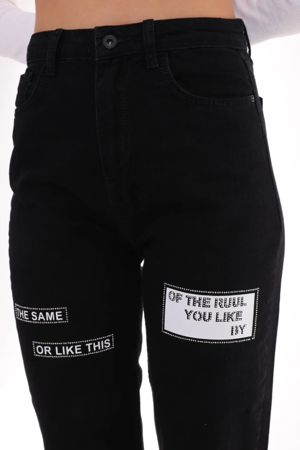 Kadın Yüksek Bel Baskılı Parlak Taşlı Mom Jeans Kot Pantolon - 10