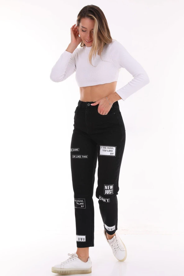 Kadın Yüksek Bel Baskılı Parlak Taşlı Mom Jeans Kot Pantolon - 11