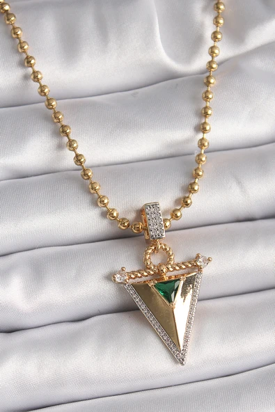 Zirkon Taşlı 3D Üçgen Uclu Topçuk Zincirli Gold Renk Kadın Kolye - BKO9482 ürün görseli
