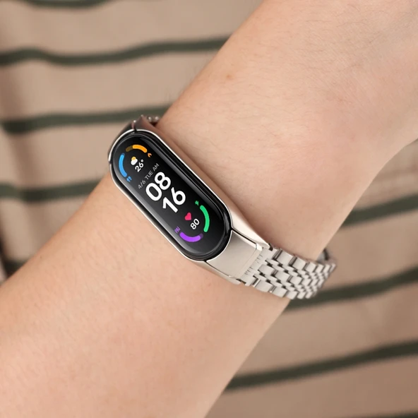 Xiaomi Mi Band 6 ve 5 Uyumlu Yedi Boncuklu Paslanmaz Çelik Saat Kayışı Gümüş - 6