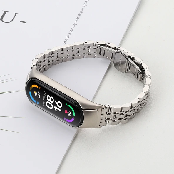 Xiaomi Mi Band 6 ve 5 Uyumlu Yedi Boncuklu Paslanmaz Çelik Saat Kayışı Gümüş - 4