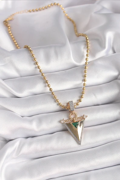 Zirkon Taşlı 3D Üçgen Uclu Topçuk Zincirli Gold Renk Kadın Kolye - BKO9482 - Resim 2