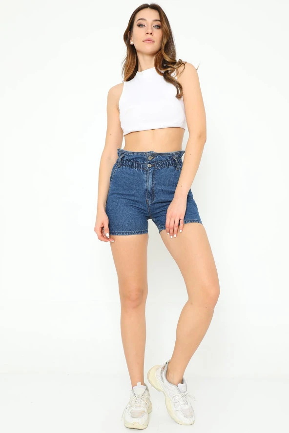 Yüksek Bel Düğmeli Beli Lastikli Kısa Kot Şort - 5