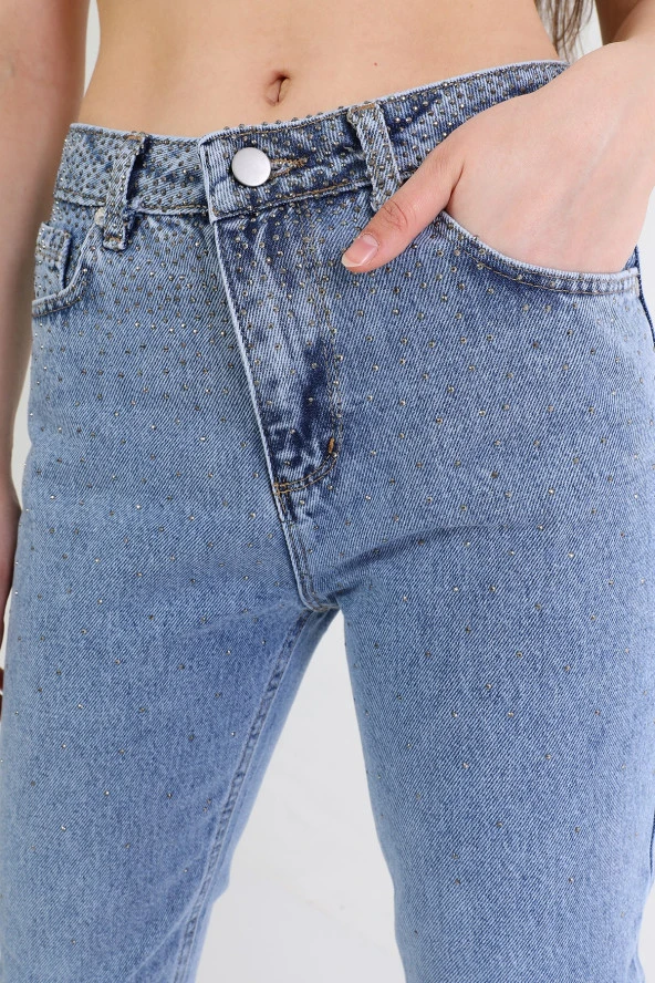 Kadın Yüksek Bel Serpme Taşlı Mom Jean Kot Pantolon - 2