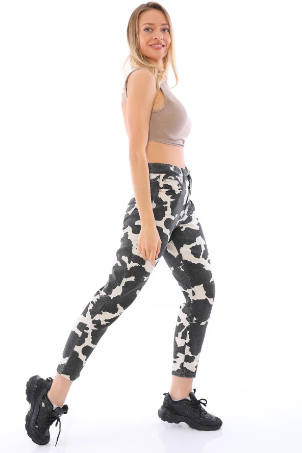 Kadın Yüksek Bel İnek Desenli Mom Jean Kot Pantolon - 5