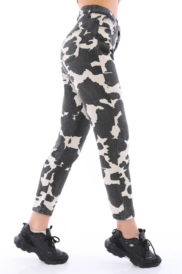 Kadın Yüksek Bel İnek Desenli Mom Jean Kot Pantolon - 7