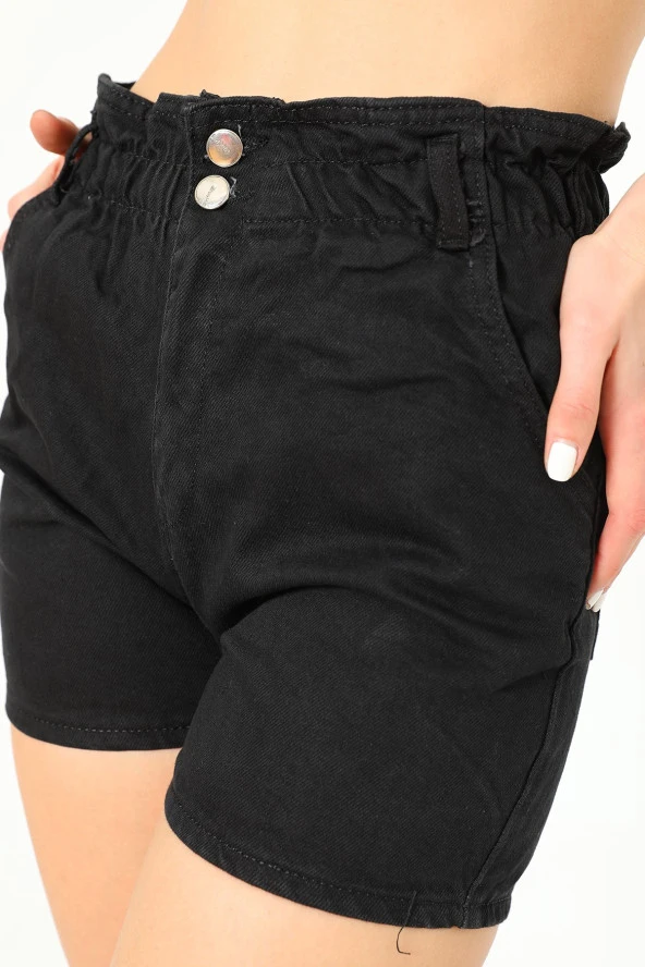 Yüksek Bel Düğmeli Beli Lastikli Kısa Kot Şort - 9