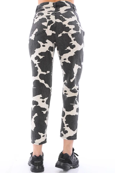 Kadın Yüksek Bel İnek Desenli Mom Jean Kot Pantolon - 8