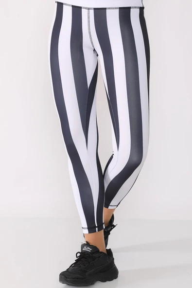Yüksek Bel Dalgıç Kumaş Siyah Beyaz Çizgili Tayt - 6