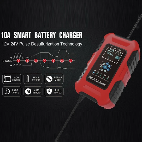 FOXSUR 10A 12V 7 Segment Akıllı Motosiklet ve Araba Akü Şarj Cihazı Kırmızı US Priz - 5