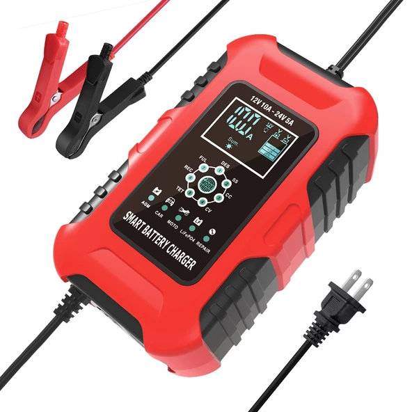 FOXSUR 10A 12V 7 Segment Akıllı Motosiklet ve Araba Akü Şarj Cihazı Kırmızı US Priz