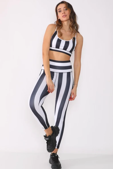 Yüksek Bel Dalgıç Kumaş Siyah Beyaz Çizgili Tayt - 4
