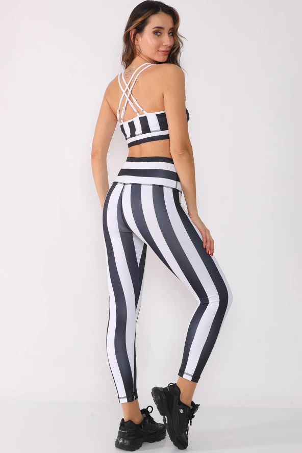 Yüksek Bel Dalgıç Kumaş Siyah Beyaz Çizgili Tayt - 2