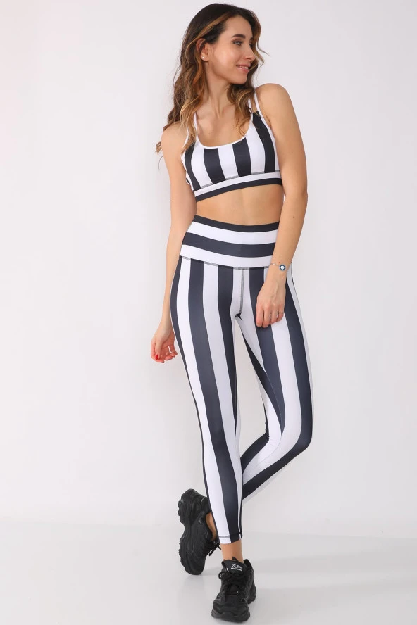 Yüksek Bel Dalgıç Kumaş Siyah Beyaz Çizgili Tayt - 3