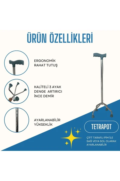 APLUSSAĞLIK 4 Ayaklı Denge Bastonu Tetrapot Baston Yüksek Kalite İthal Denge Bastonu - 2