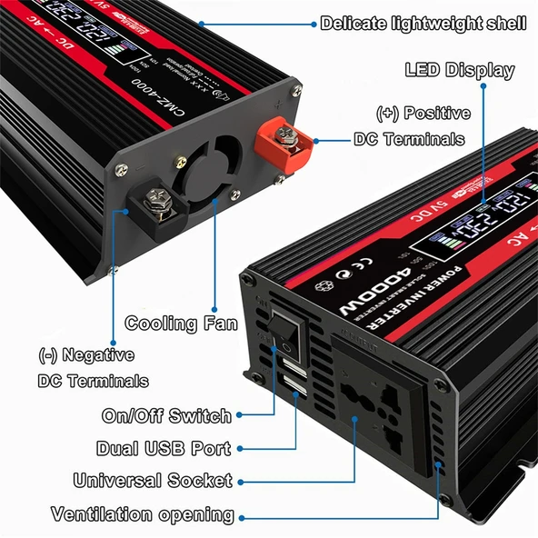 Zhizun Modifiye Sinüs Dalga 12V den 220V ye 4000W Araç Güç İnvertörü Siyah - 4