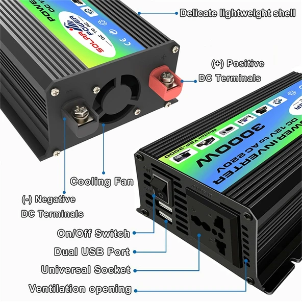 Tang I Nesil 12V den 110V ye 3000W Modifiye Kare Dalga Akıllı Araç Güç İnvertörü Çift USB Siyah - 5