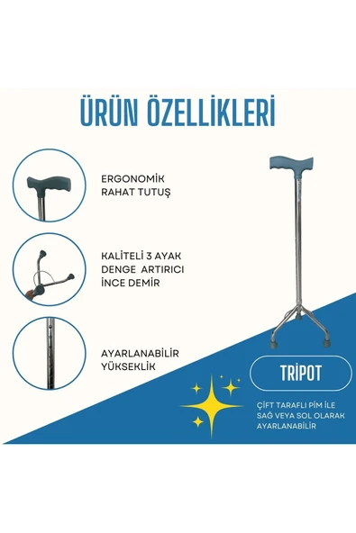 APLUSSAĞLIK 3 Ayaklı Denge Bastonu Tripot Baston Yüksek Kalite İthal Denge Bastonu - 2