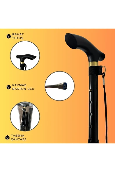 APS Katlanır Baston Siyah Kolay Taşıma Yüksek Kalite Denge Bastonu Ayarlanabilir - 2