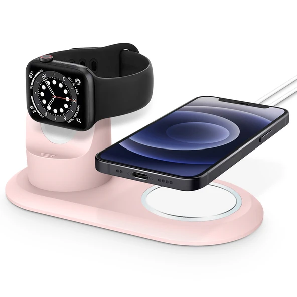 2'si 1 Arada Çok Fonksiyonlu Magsafe Şarj Standı Apple Watch ve iPhone için Pembe - 5