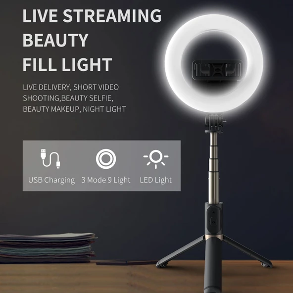 Q07 Model 6 Inç Halkalı Işık Taşınabilir Bluetooth Selfie Çubuğu Tripod - 2