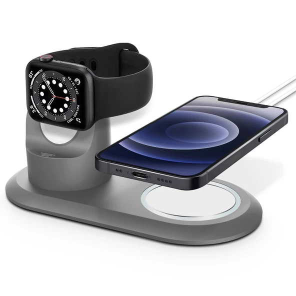 2'si 1 Arada Çok Fonksiyonlu Magsafe Şarj Standı Apple Watch ve iPhone için Gri - 5