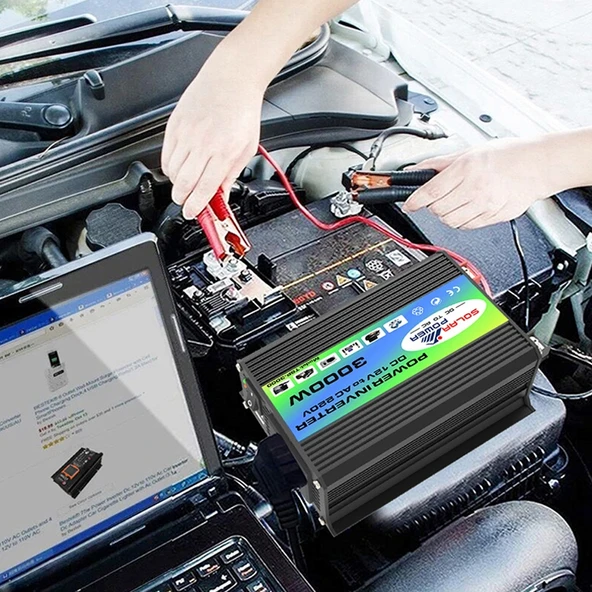 Tang I Nesil 12V den 110V ye 3000W Modifiye Kare Dalga Akıllı Araç Güç İnvertörü Çift USB Siyah - 9