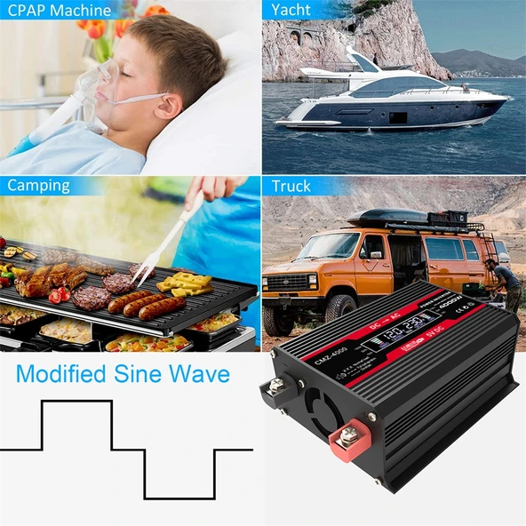 Zhizun Modifiye Sinüs Dalga 12V den 220V ye 4000W Araç Güç İnvertörü Siyah - 8