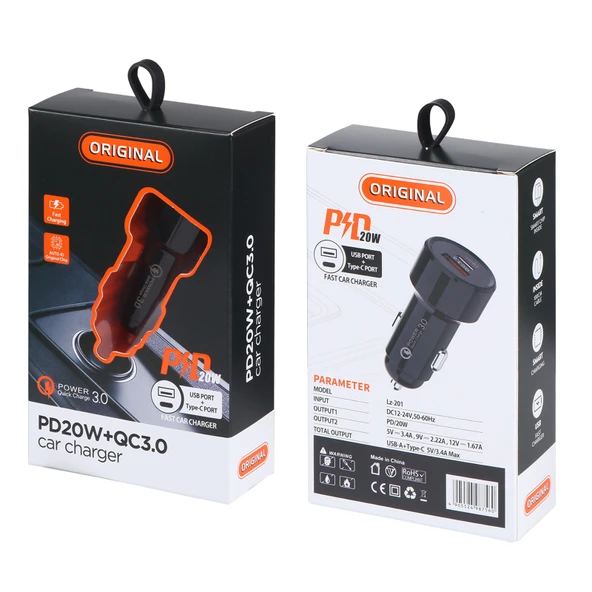 LZ-201 Siyah Mini Hızlı Araç Şarj Cihazı 20W USB-C Type-C QC 3.0 - 3