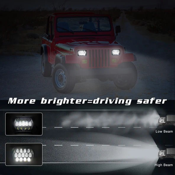 Jeep Wrangler 7 Inç Kare LED Far 8 LED 300W 30000LM 9V-30V H4 Model - 9