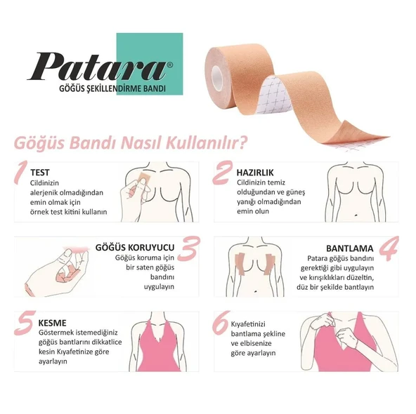 Premium Göğüs Dikleştirici Bant Seti - 5cm x 5m - 8 Saten + 2 Silikon Ped - Ten Rengi - 7