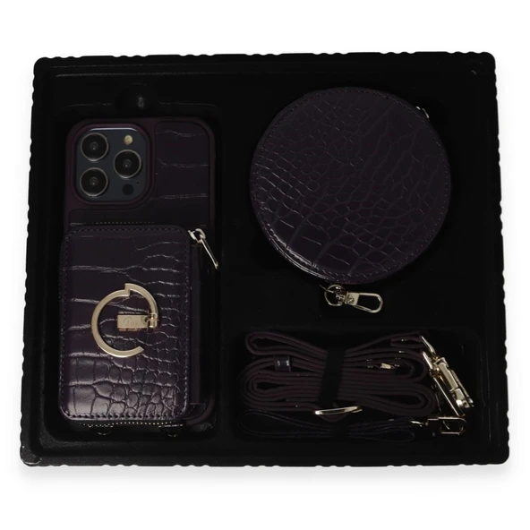 İPhone 14 Pro Max Uyumlu 3 Parça Çanta Cüzdan Askılık Set Kılıf - 6