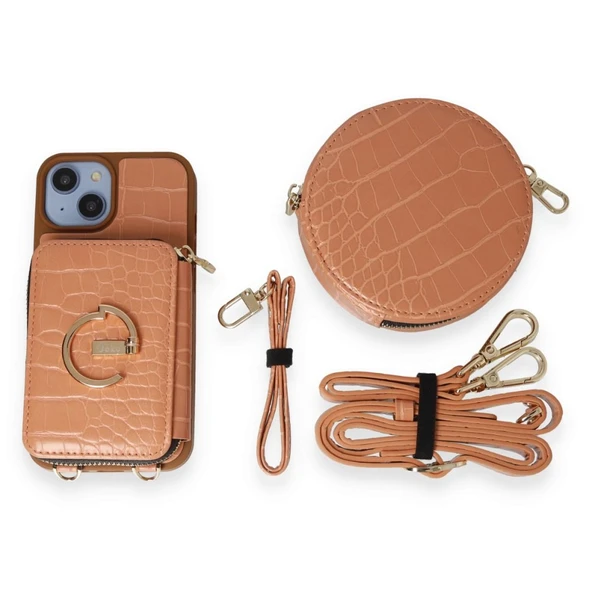 İPhone 14 Uyumlu 3 Parça Açık Kahverengi Çanta Cüzdan Askılık Set Kılıf - 5