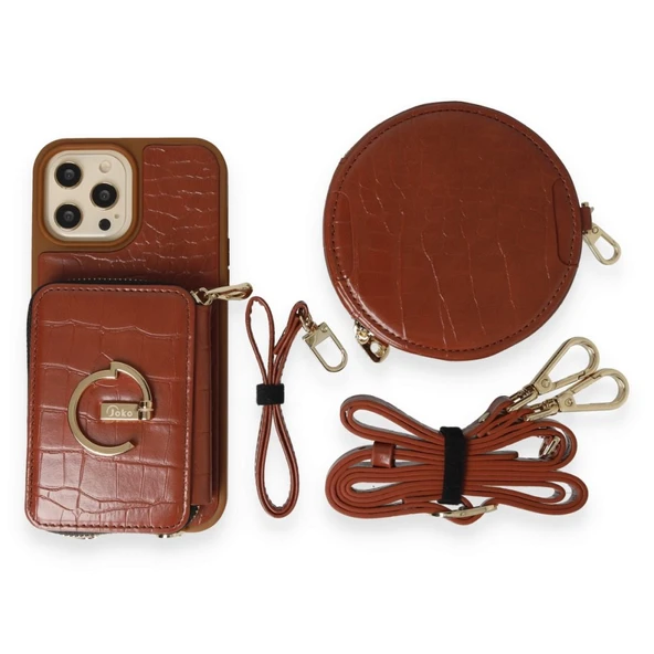 İPhone 14 Pro Max Uyumlu 3 Parça Çanta Cüzdan Askılık Set Kılıf