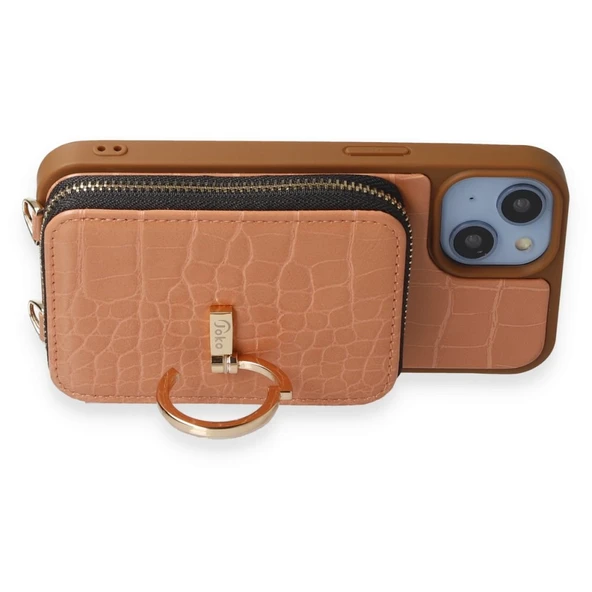 İPhone 14 Uyumlu 3 Parça Açık Kahverengi Çanta Cüzdan Askılık Set Kılıf - 3