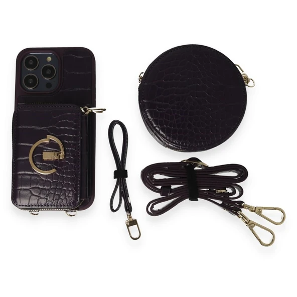 İPhone 14 Pro Uyumlu 3 Parça Çanta Cüzdan Askılık Set Kılıf - 5
